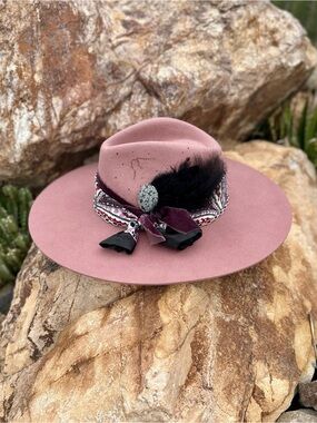 Celestial Initial Hat - M Pink Wide Brim Fedora Hat with Feather Accent